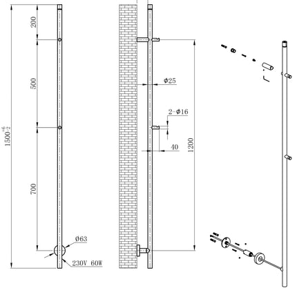 Wiesbaden Callista elektrische handdoekradiator gunmetal - technische tekening | Schwertz & Co