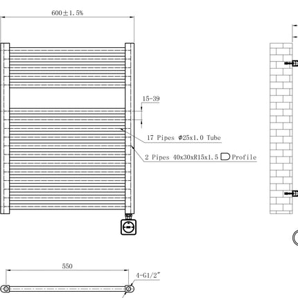Wiesbaden Elara elektrische radiator Smart WiFi 60 cm glans wit - technische tekening | Schwertz & Co