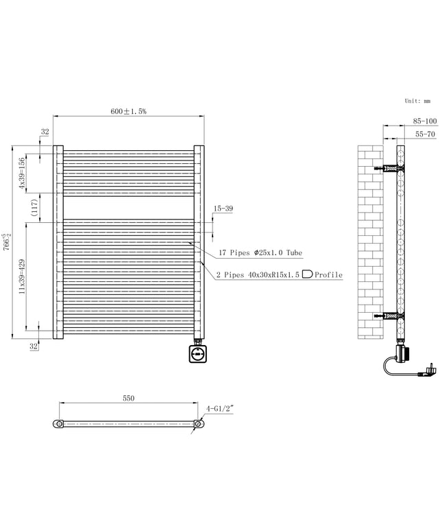 Wiesbaden Elara elektrische radiator Smart WiFi 60 cm glans wit - technische tekening | Schwertz & Co