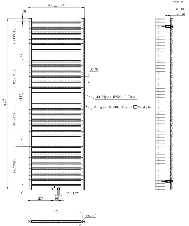 Wiesbaden Elara sierradiator antraciet - technische tekening | Schwertz & Co