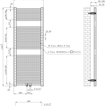 Wiesbaden Elara sierradiator 118,5 x 45 cm antraciet - technische tekening | Schwertz & Co