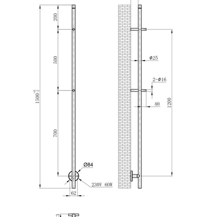 Wiesbaden Callista elektrische handdoekradiator geborsteld brons koper - technische tekening | Schwertz & Co