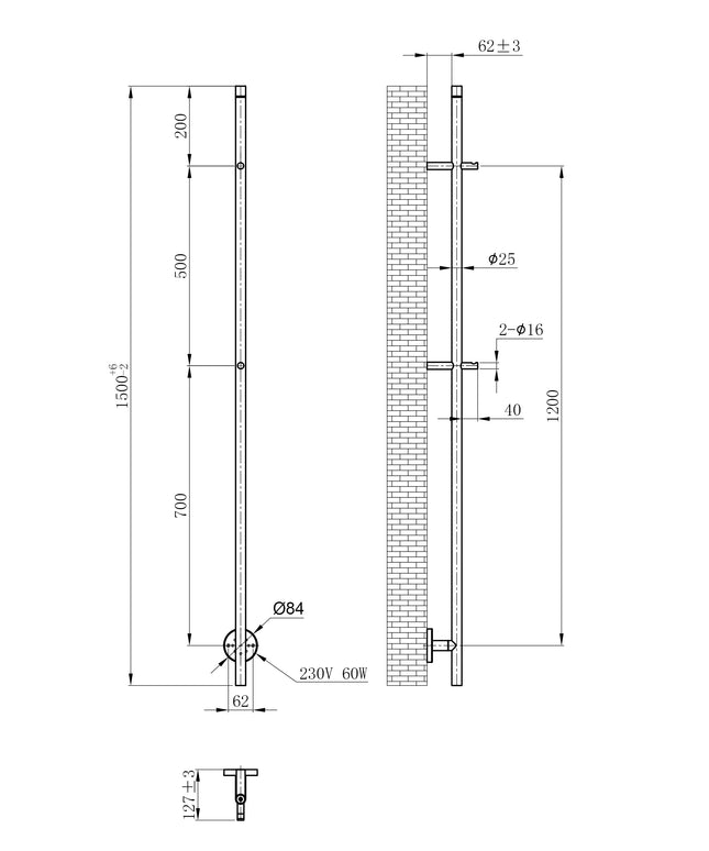 Wiesbaden Callista elektrische handdoekradiator geborsteld messing - technische tekening | Schwertz & Co