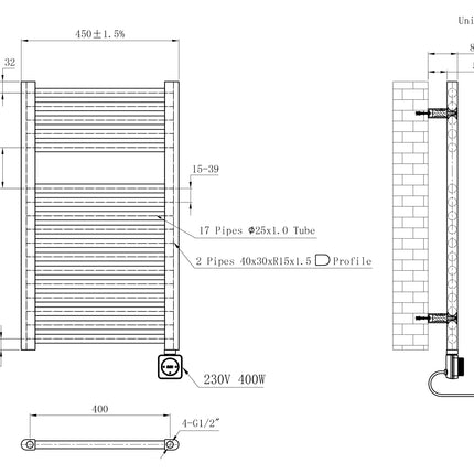 Wiesbaden Elara elektrische radiator Smart WiFi glans wit - technische tekening | Schwertz & Co
