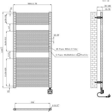 Wiesbaden Elara elektrische radiator gunmetal - technische tekening | Schwertz & Co