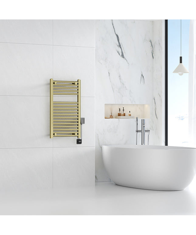 Wiesbaden Elara elektrische radiator 76,6 x 45 cm geborsteld messing - sfeerfoto | Schwertz & Co