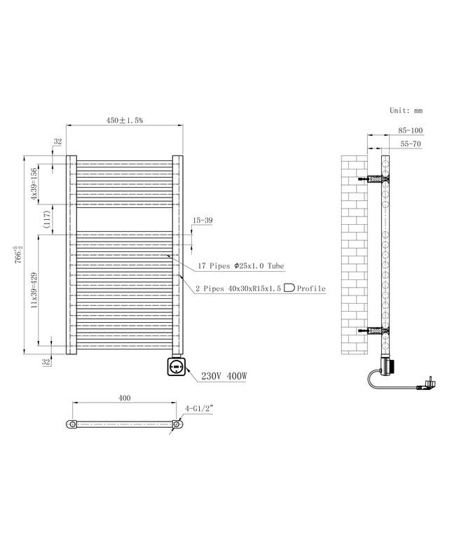 Wiesbaden Elara elektrische radiator 76,6 x 45 cm geborsteld brons koper - technische tekening | Schwertz & Co