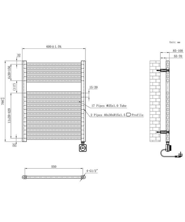 Wiesbaden Elara elektrische radiator Smart WiFi geborsteld brons koper - technische tekening | Schwertz & Co