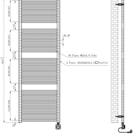 Wiesbaden Elara elektrische radiator Smart WiFi 181,7 x 60 cm glans wit - technische tekening | Schwertz & Co