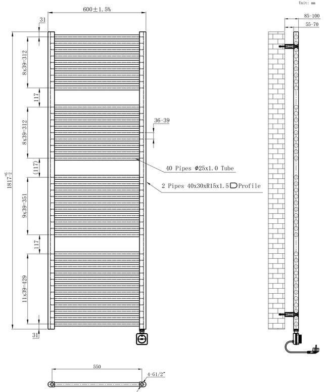 Wiesbaden Elara elektrische radiator Smart WiFi 181,7 x 60 cm glans wit - technische tekening | Schwertz & Co
