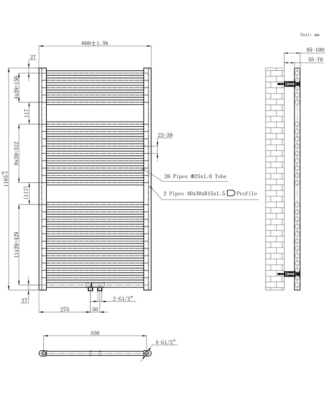 Wiesbaden Elara sierradiator 118,5 x 60 cm mat zwart - technische tekening | Schwertz & Co