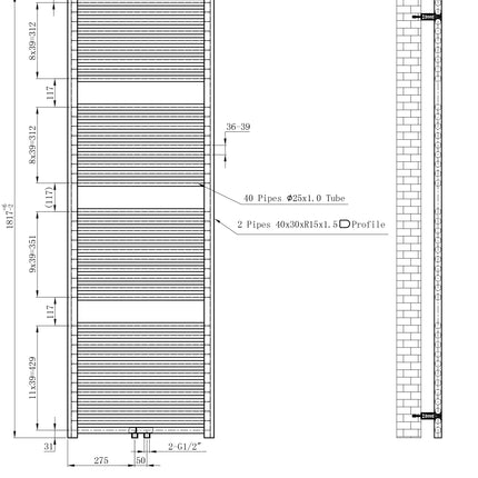 Wiesbaden Elara sierradiator mat zwart - technische tekening | Schwertz & Co