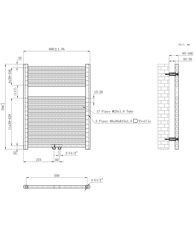 Wiesbaden Elara sierradiator 76,6 x 60 cm mat zwart - technische tekening | Schwertz & Co