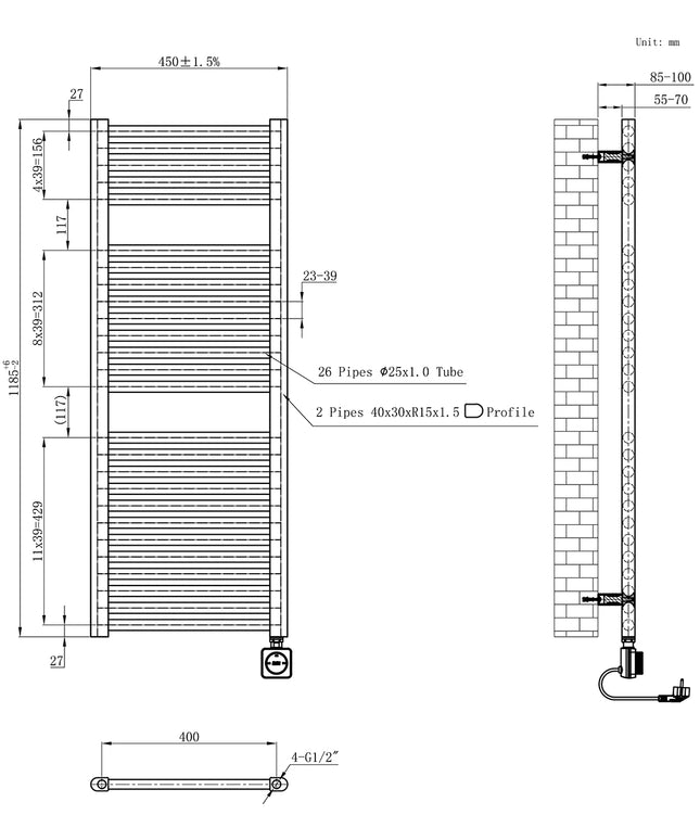 Wiesbaden Elara elektrische radiator geborsteld messing - technische tekening | Schwertz & Co