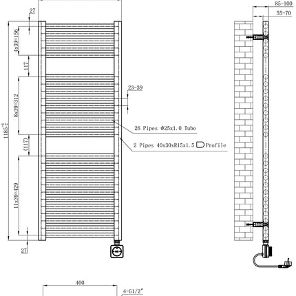 Wiesbaden Elara elektrische radiator brons koper - technische tekening | Schwertz & Co