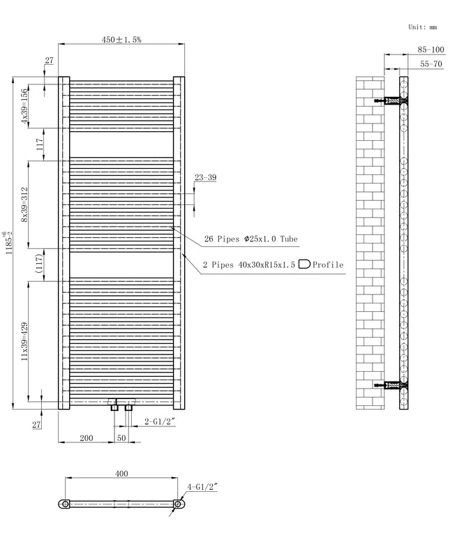 Wiesbaden Elara sierradiator 118,5 x 45 cm mat zwart - technische tekening | Schwertz & Co