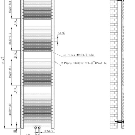Wiesbaden Elara sierradiator 181,7 x 45 cm mat zwart - technische tekening | Schwertz & Co