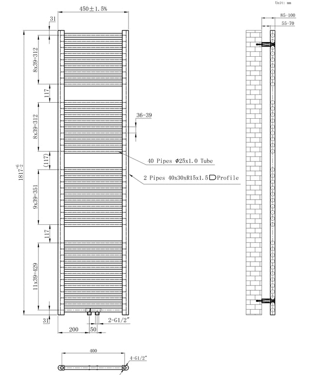 Wiesbaden Elara sierradiator 181,7 x 45 cm mat zwart - technische tekening | Schwertz & Co
