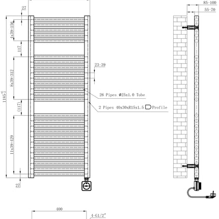 Wiesbaden Elara elektrische radiator Smart WiFi glans wit 118,5 x 45 cm - technische tekening | Schwertz & Co