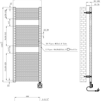 Wiesbaden Elara elektrische radiator 118,5 x 45 cm mat zwart - technische tekening | Schwertz & Co