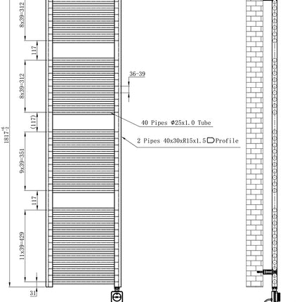 Wiesbaden Elara elektrische radiator gunmetal - technische tekening | Schwertz & Co
