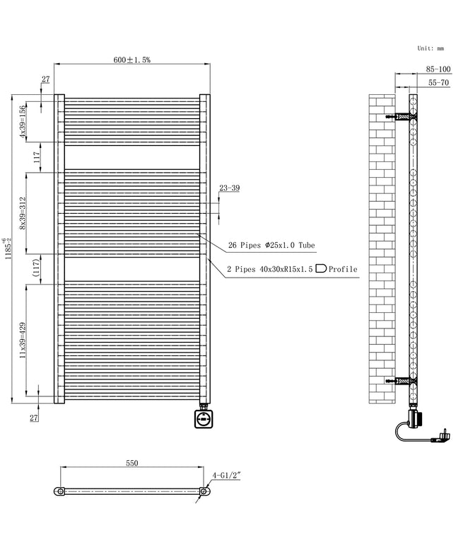 Wiesbaden Elara elektrische radiator geborsteld brons koper - technische tekening | Schwertz & Co