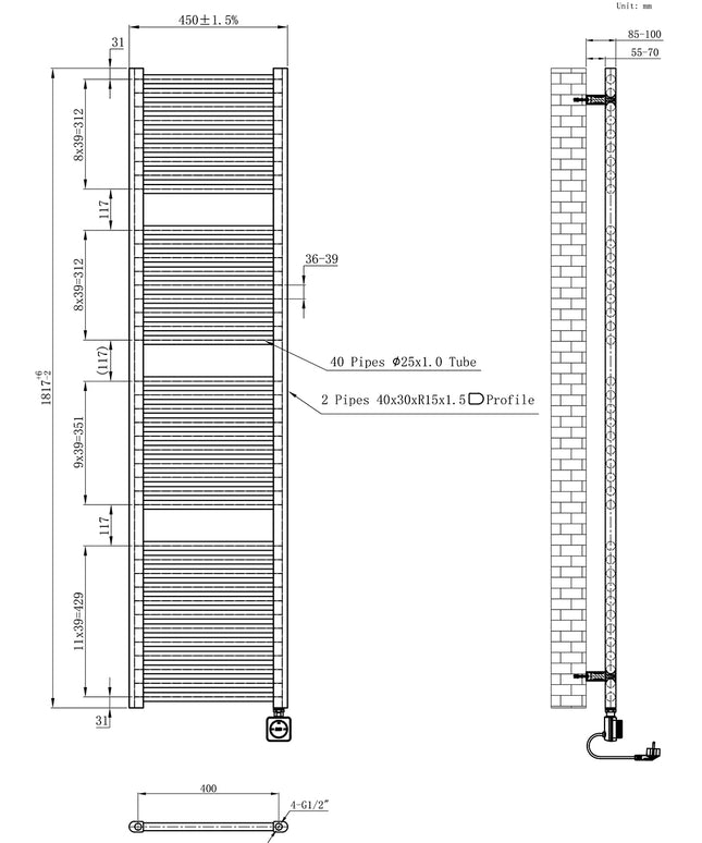 Wiesbaden Elara elektrische radiator geborsteld messing - technische tekening | Schwertz & Co