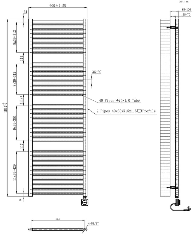 Wiesbaden Elara elektrische radiator 181,7 x 60 cm - technische tekening | Schwertz & Co