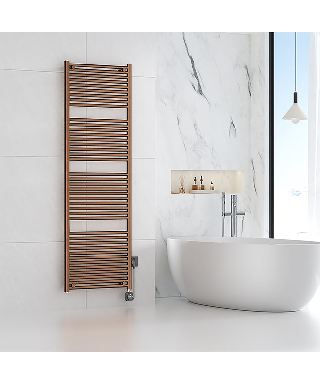 Wiesbaden Elara elektrische radiator geborsteld brons koper in de badkamer - sfeerfoto | Schwertz & Co