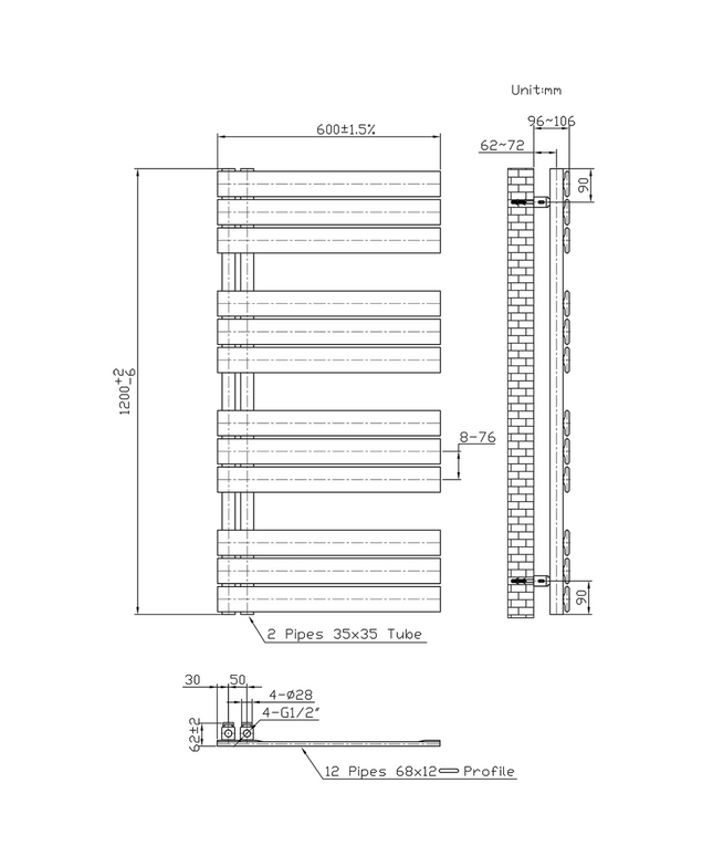 Belrad Bathroom Radiator 1800x500mm - Chrome - Middle connection - 575W