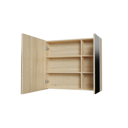 HAYAT spiegelkast – 2 asymmetrische enkelzijdige spiegeldeuren – 80x70x15 cm – Eik