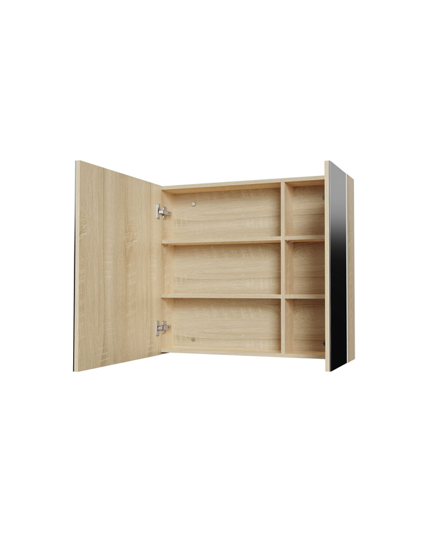 HAYAT spiegelkast – 2 asymmetrische enkelzijdige spiegeldeuren – 80x70x15 cm – Eik