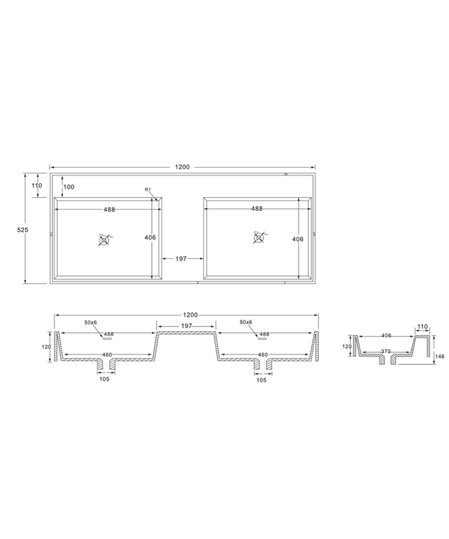 Wonda Square wastafel – 2 wasbakken – zonder kraangaten – kunstmarmer – 120 cm – mat wit