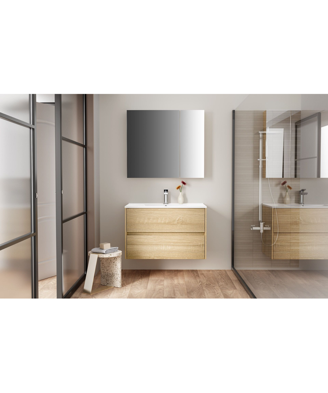 HAYAT spiegelkast – 2 asymmetrische enkelzijdige spiegeldeuren – 80x70x15 cm – Eik