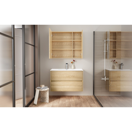 HAYAT spiegelkast – 2 asymmetrische enkelzijdige spiegeldeuren – 80x70x15 cm – Eik