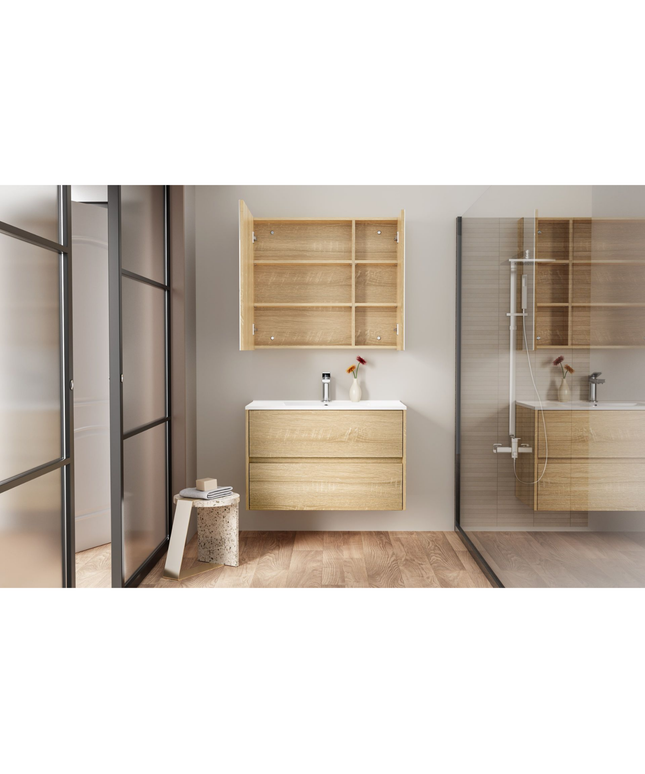 HAYAT spiegelkast – 2 asymmetrische enkelzijdige spiegeldeuren – 80x70x15 cm – Eik