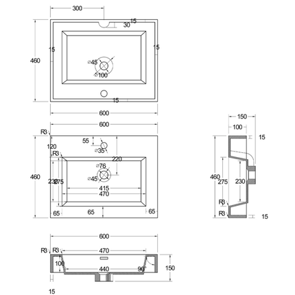 ALONI Wastafel – 60x10x46 cm – Kunstmarmer – Mat Wit