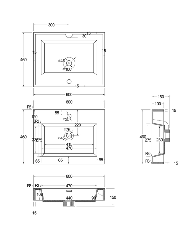 ALONI Wastafel – 60x10x46 cm – Kunstmarmer – Mat Wit