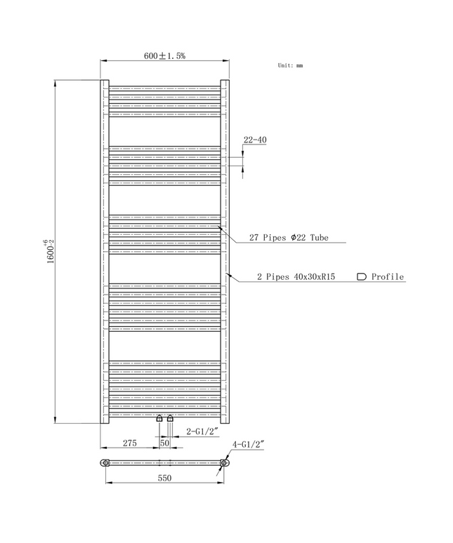 BELRAD Badkamer Radiator 1600x600mm Zwart Mat Geborsteld – Middenaansluiting – 828W