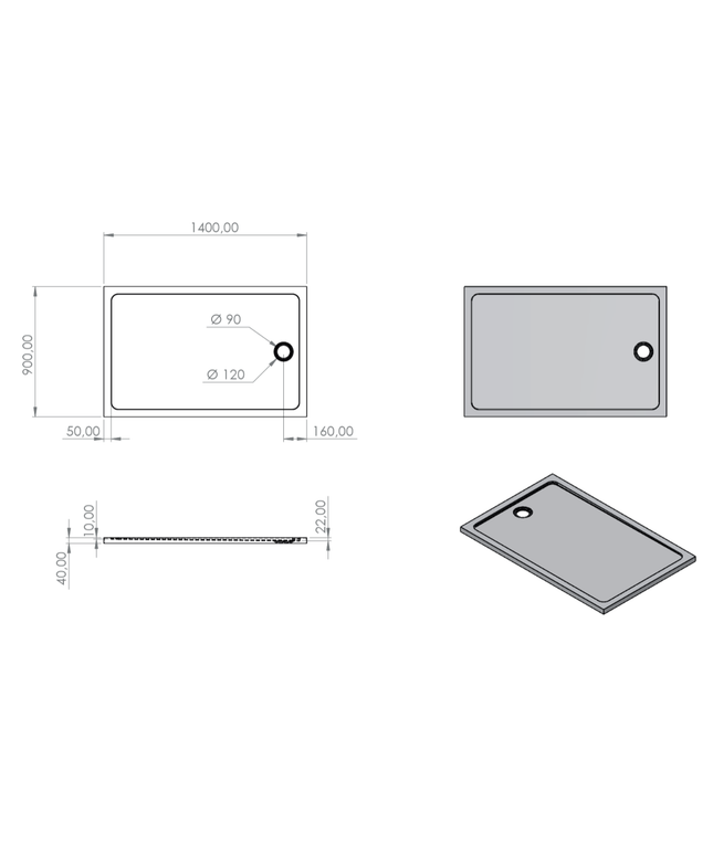 Bandeja de ducha acrílica rectangular de Aloni - 140x90x4 cm