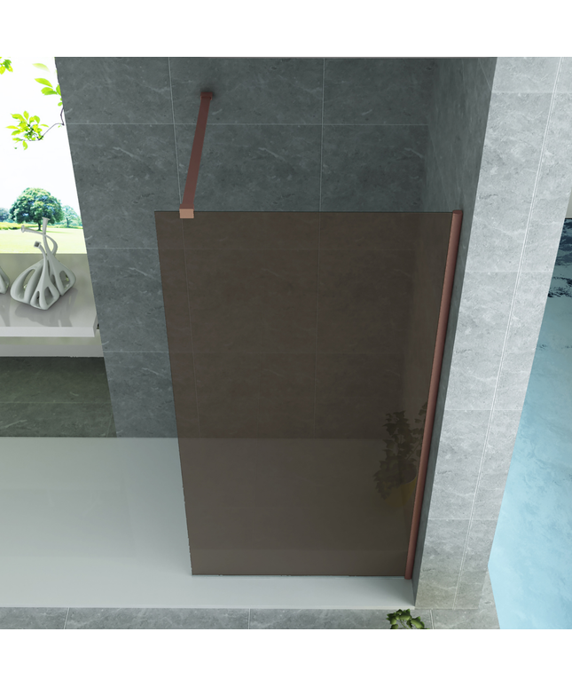 ALONI douchewand champagneglas met koperen profiel – 100x200 cm – 8 mm veiligheidsglas