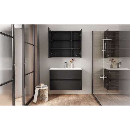 HAYAT spiegelkast – 2 asymmetrische enkelzijdige spiegeldeuren – 80x70x15 cm – Mat zwart