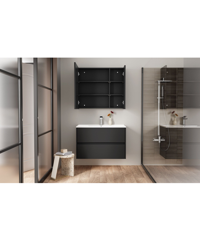 HAYAT spiegelkast – 2 asymmetrische enkelzijdige spiegeldeuren – 80x70x15 cm – Mat zwart