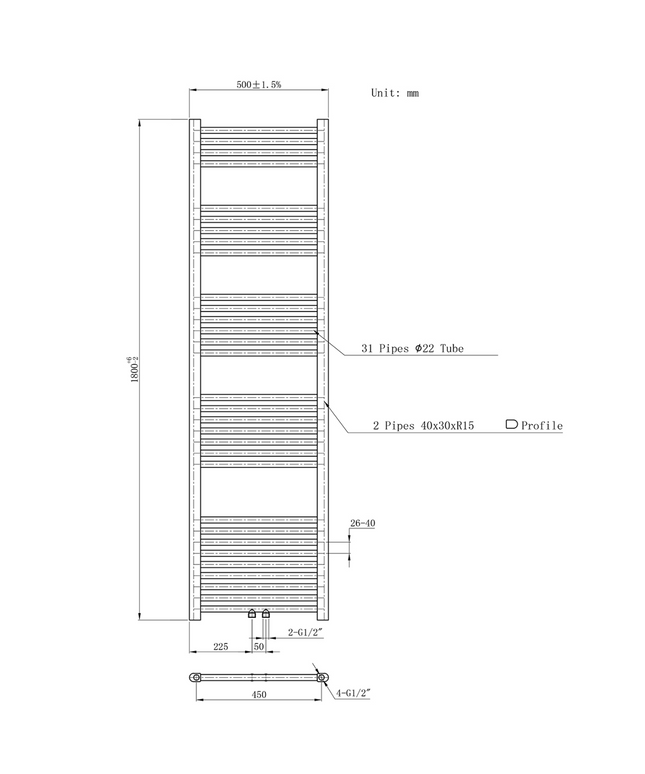BELRAD Badkamer Radiator 1800x500mm Zwart Mat Geborsteld – Middenaansluiting – 821W