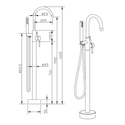 ALONI Vrijstaande badmengkraan met handdouche – geborsteld goud