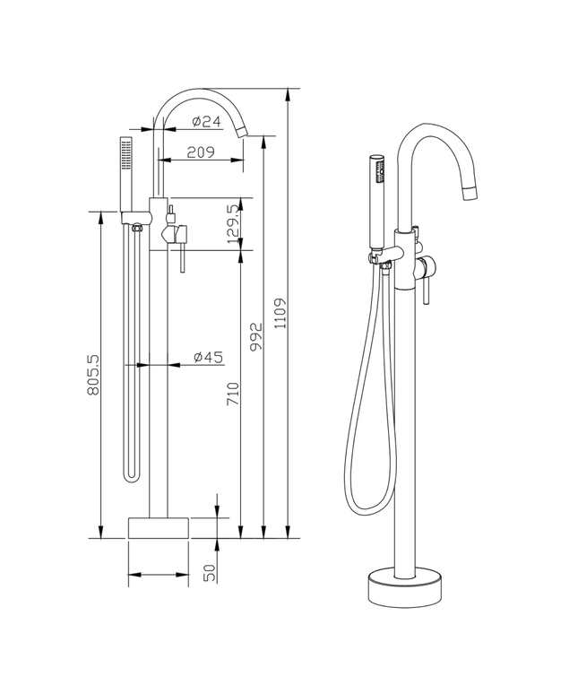 ALONI Vrijstaande badmengkraan met handdouche – mat zwart