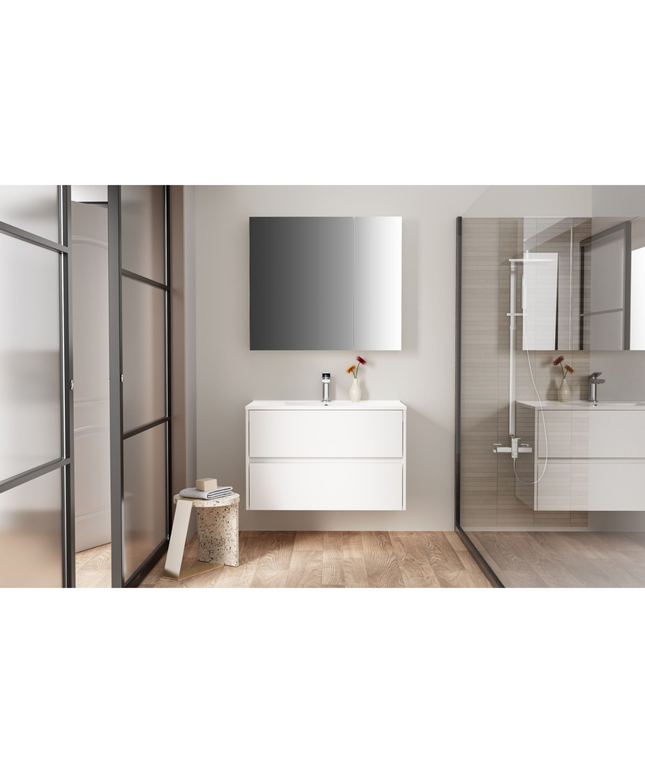 HAYAT spiegelkast – 2 asymmetrische enkelzijdige spiegeldeuren – 80x70x15 cm – Glanzend wit