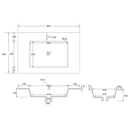 WONDA Square Slim Wastafel – 80x1,6x52,5 cm – Kunstmarmer – Mat Wit
