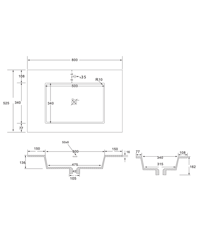WONDA Square Slim Wastafel – 80x1,6x52,5 cm – Kunstmarmer – Mat Wit