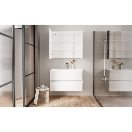 HAYAT spiegelkast – 2 asymmetrische enkelzijdige spiegeldeuren – 80x70x15 cm – Glanzend wit